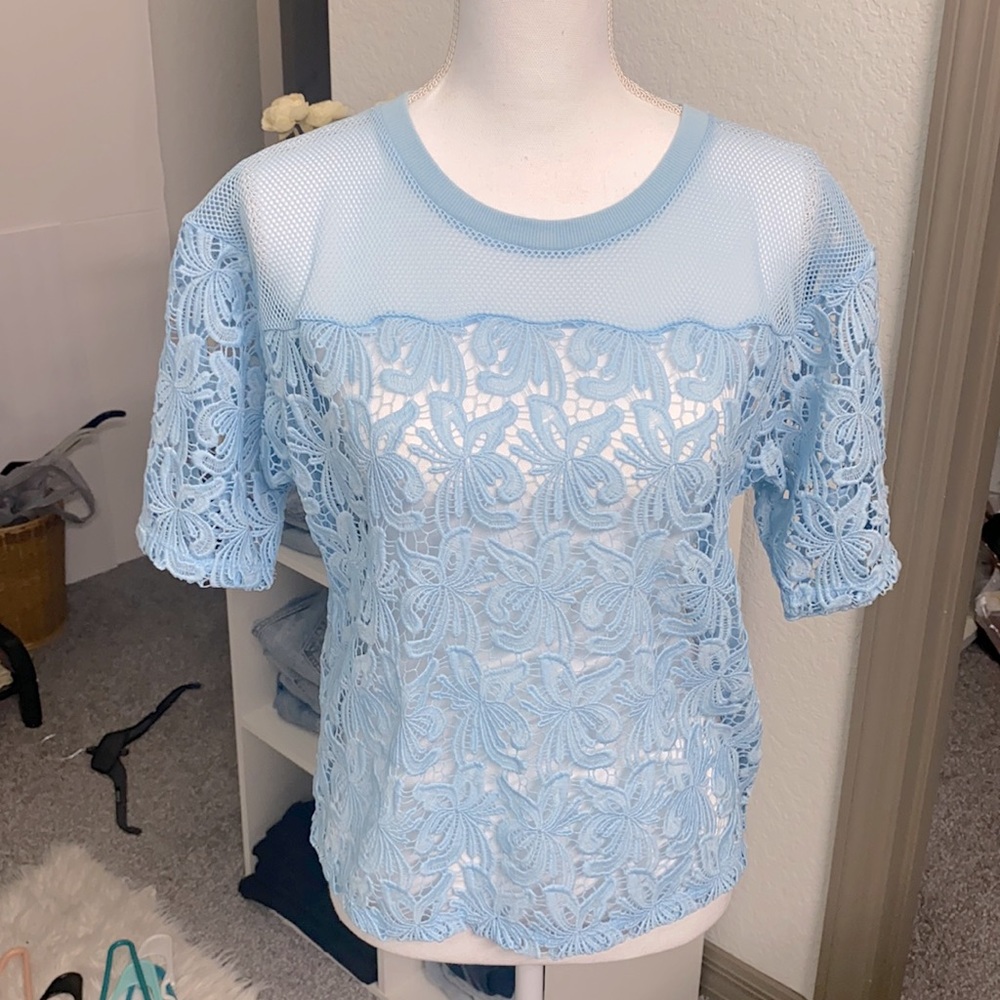 NWT Women’s LOFT Baby Blue Mesh Crochet Blouse Size Small